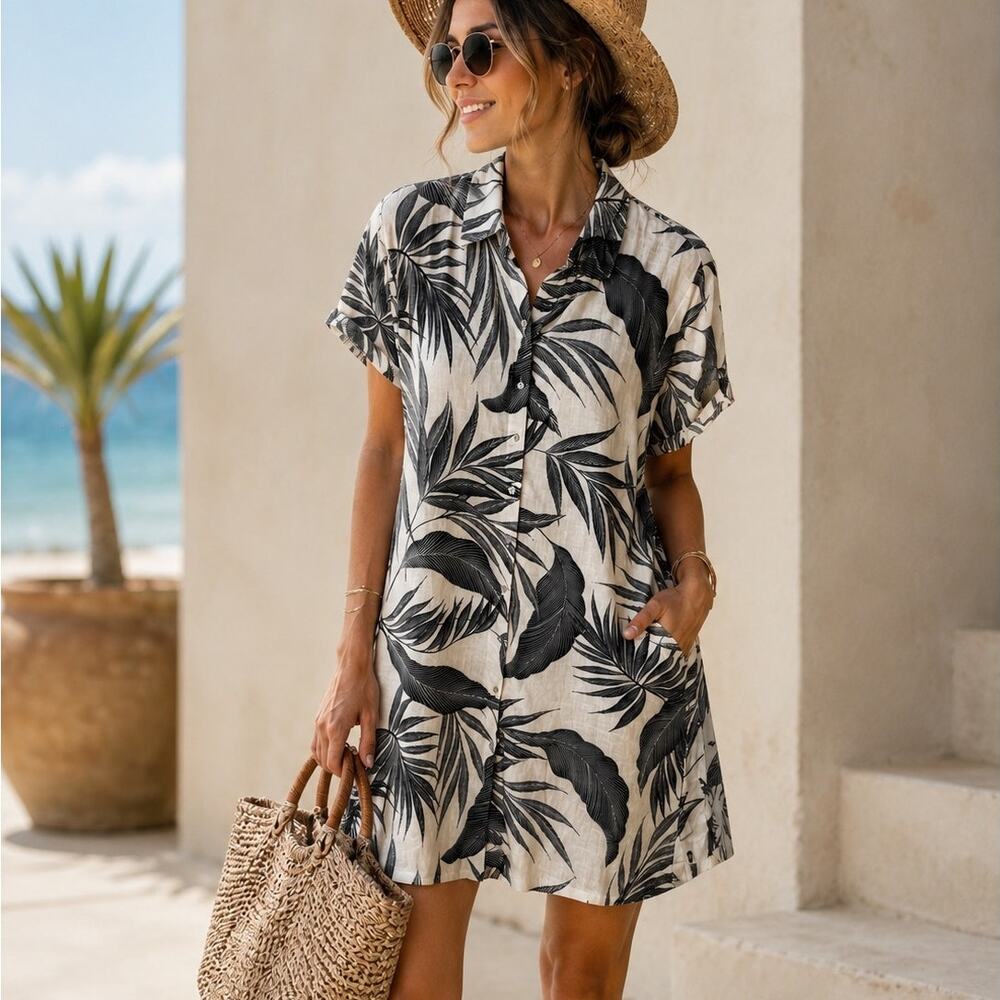 Tahari 100% Linen Tropical Palm Print Shirt Dress M Beach Resort